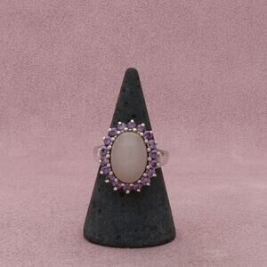 sterling silver purple jade cabochon & amethyst halo ring size 8